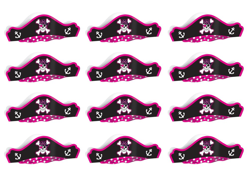 2288 S66883AZ12 Printed Pirate Hats 12 Piece, OSFM, Pink/Black/White